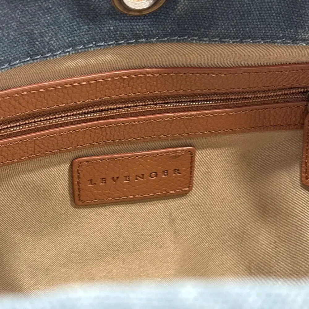 Levenger Bloomsbury Blue Canvas Book Tote Crossbody Bag Leather Trim retro boho